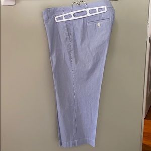 Blue and white seersucker crop pants